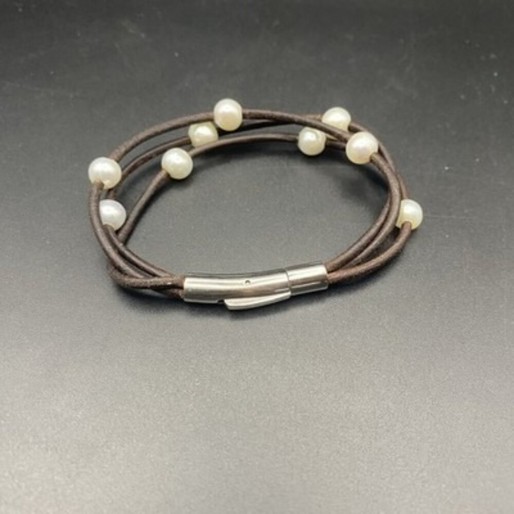 Genuine Pearl Leather Bracelet 7" Multi Strand Stainless Steel Push Lock Clasp - Picture 3 of 6